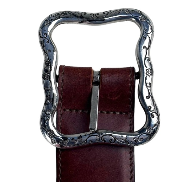 VINTAGE FLORAL ETCHED BUCKLE BROWN TOOLED LEATHER BELT WESTERN BOHO RODEO HIPPIE - Picture 7 of 11